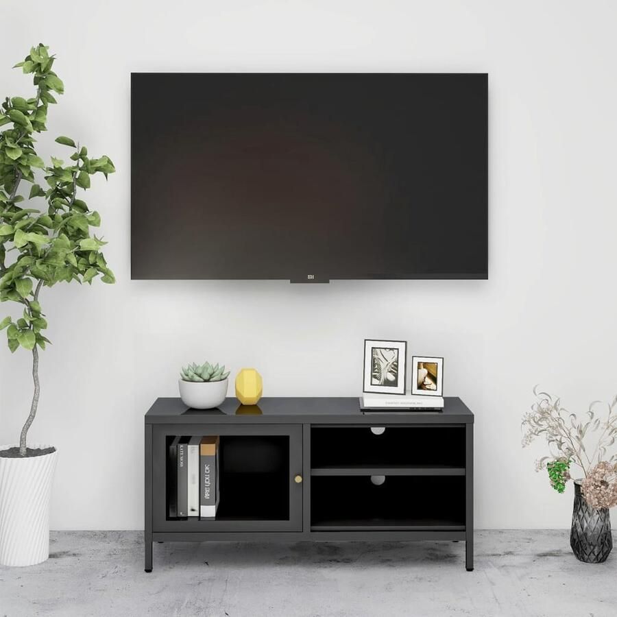 VidaXL Tv-meubel Staal en glas Antraciet 90x30x44 cm Televisie Kast Tv Kast Mediabox Salontafel Tv Meubilair Zwarte Tv Kast Metalen Tv Kast - Foto 2