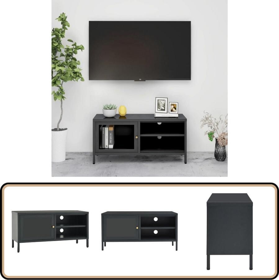 VidaXL Tv-meubel Staal en glas Antraciet 90x30x44 cm Televisie Kast Tv Kast Mediabox Salontafel Tv Meubilair Zwarte Tv Kast Metalen Tv Kast