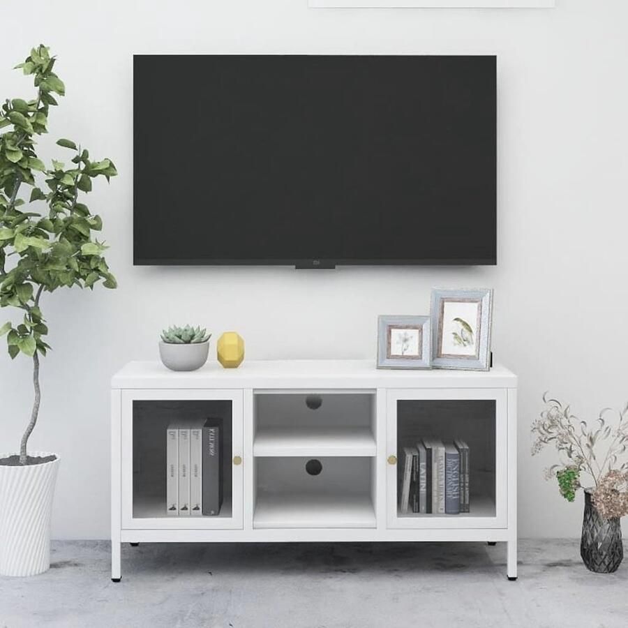 VidaXL Tv-meubel Staal en Glas Wit 105x35x52 cm Tv-kast Televisie Kast Mediakast Salontafel Woonkamerinrichting Witte Tv-kast Metalen Tv-kast - Foto 3