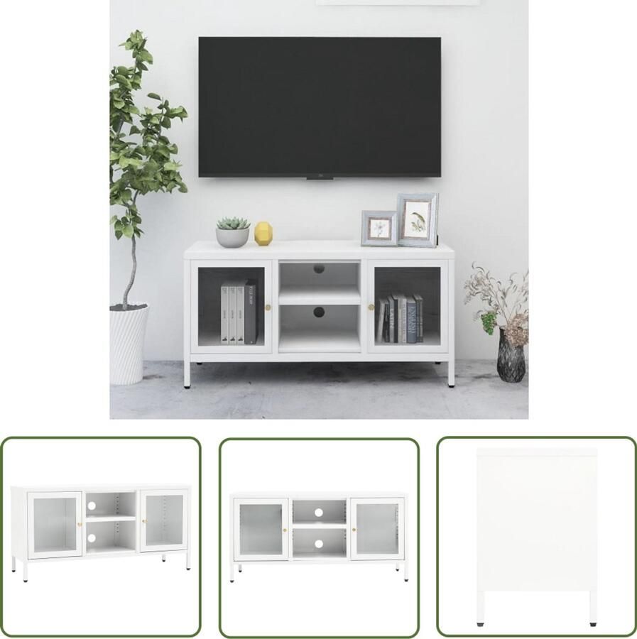 VidaXL Tv-meubel Staal en Glas Wit 105x35x52 cm Tv-kast Televisie Kast Mediakast Salontafel Woonkamerinrichting Witte Tv-kast Metalen Tv-kast - Foto 2