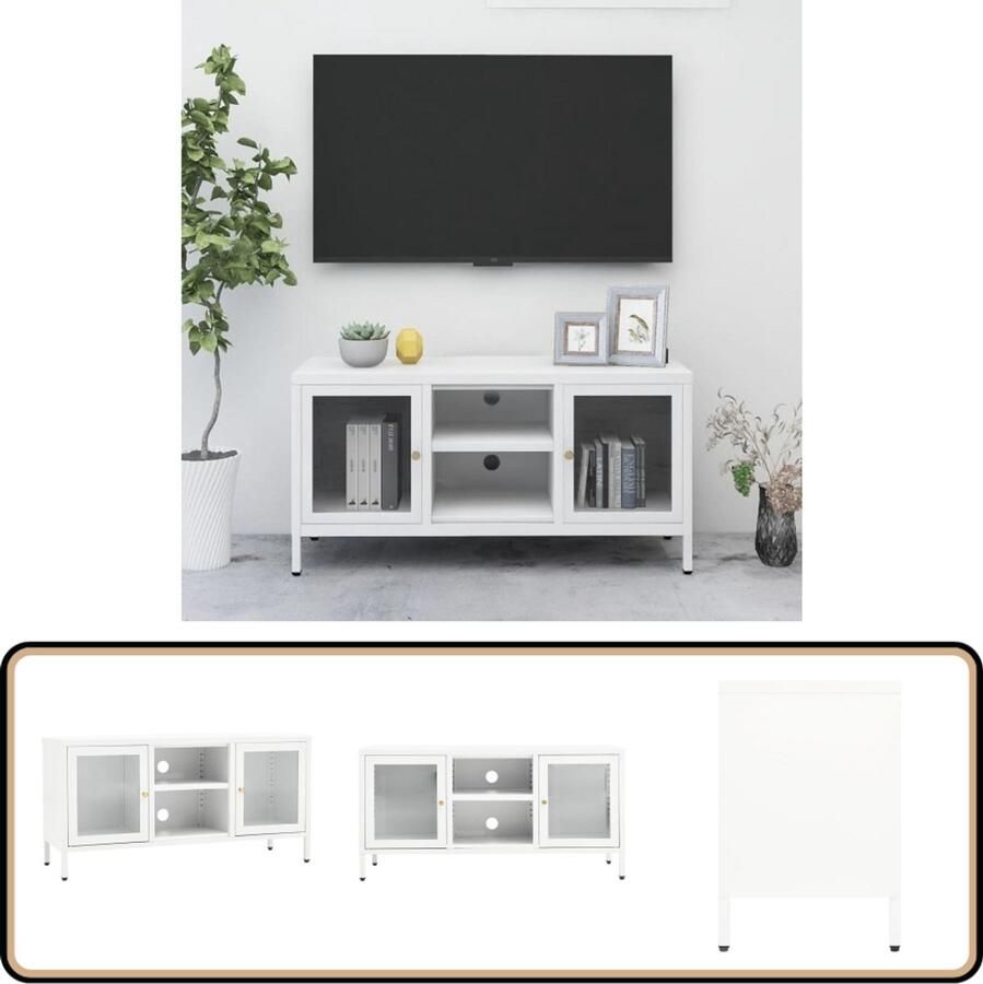 VidaXL Tv-meubel Staal en Glas Wit 105x35x52 cm Tv-kast Televisie Kast Mediakast Salontafel Woonkamerinrichting Witte Tv-kast Metalen Tv-kast