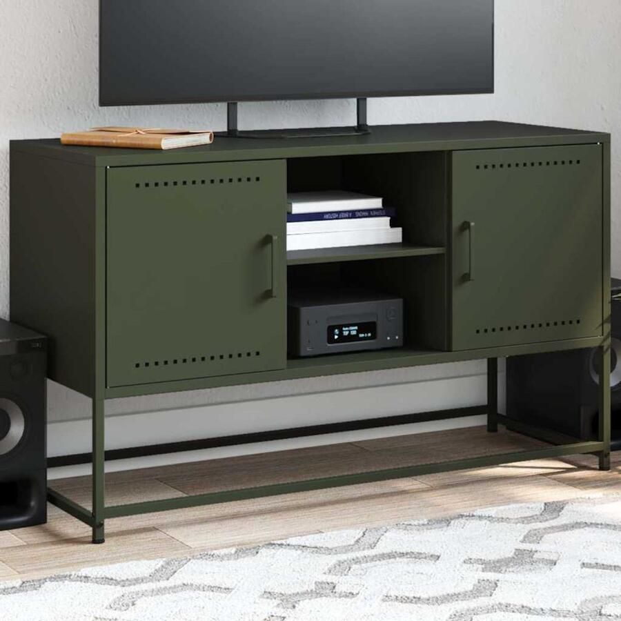 The Living Store Tv-meubel 100 5x39x60 5 cm staal olijfgroen Tv-meubel Industrieel Design Robuust Staal Groen