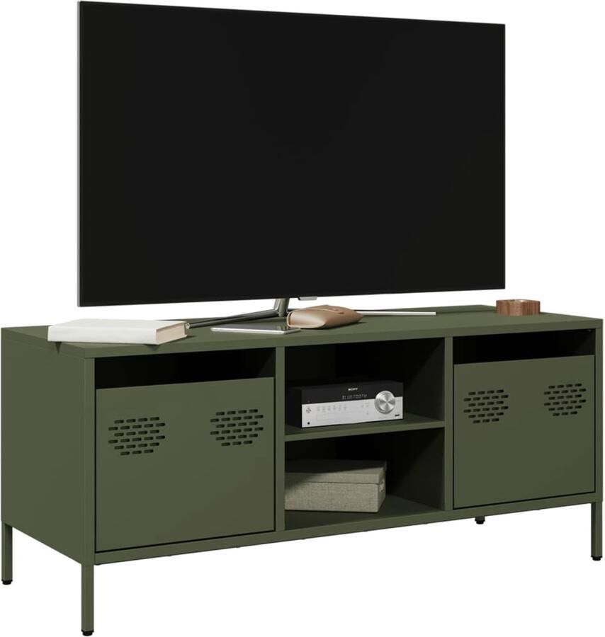 VidaXL Tv-meubel staal olijfgroen 101 5x39x43 5 cm Tv-meubel Salontafel Olijfkleurig Meubilair Modern Tv-meubel Metalen Tv-standaard