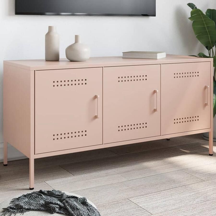 The Living Store Tv-meubel 100 5x39x50 5 cm staal roze Tv-meubel Industrieel Design Roestvrijstalen Tv-stand Vintage Tv Kast Salontafel