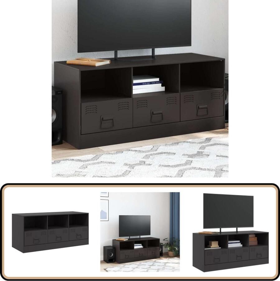 The Living Store TV-meubel Zwart 99 x 39 x 44 cm Koudgewalst Staal Met 3 schappen 3 lades en 3 handvatten Montage vereist Geschikt voor tvs- 51-76 cm - Foto 2