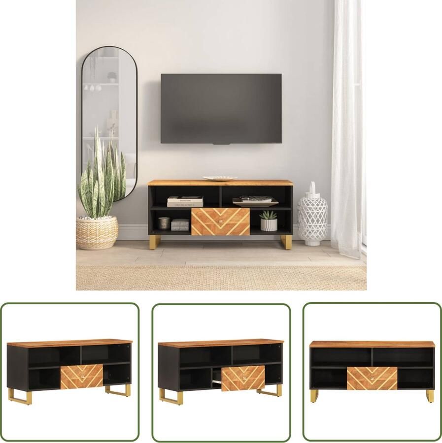 The Living Store Tv-meubel 100x33 5x46 cm massief mangohout bruin en zwart Televisie Kast Tv Meubel Mangohout Kast Houten Tv Stand Salontafel