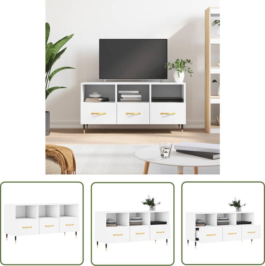 The Living Store Televisiekast TV-meubel 102 x 36 x 50 cm wit bewerkt hout en ijzer Televisiekast Tv Meubel Kast Opbergkast Houten Kast - Foto 4