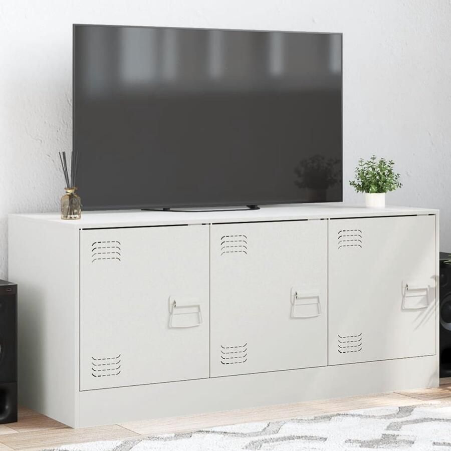 The Living Store Tv-meubel 99x39x44 cm staal wit Televisiekast Tv-meubel Stalen Tv-kast Wit Tv-meubel Koudgewalst Staal