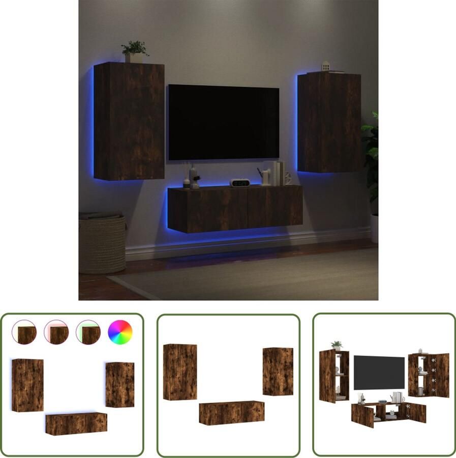 The Living Store 3-delige tv-wandmeubelset met LED-verlichting gerookt eiken Tv-kast Tv-meubel Wandmontage Led Verlichting Rgb Verlichting
