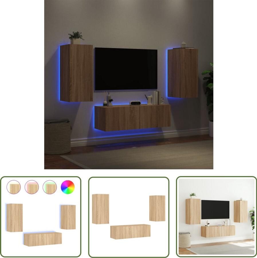 The Living Store 3-delige Tv-wandmeubelset met LED-verlichting sonoma eikenkleur Tv-wandmeubel Tv-wandmeubels Zwevend Tv-meubel Tv-wandmeubel