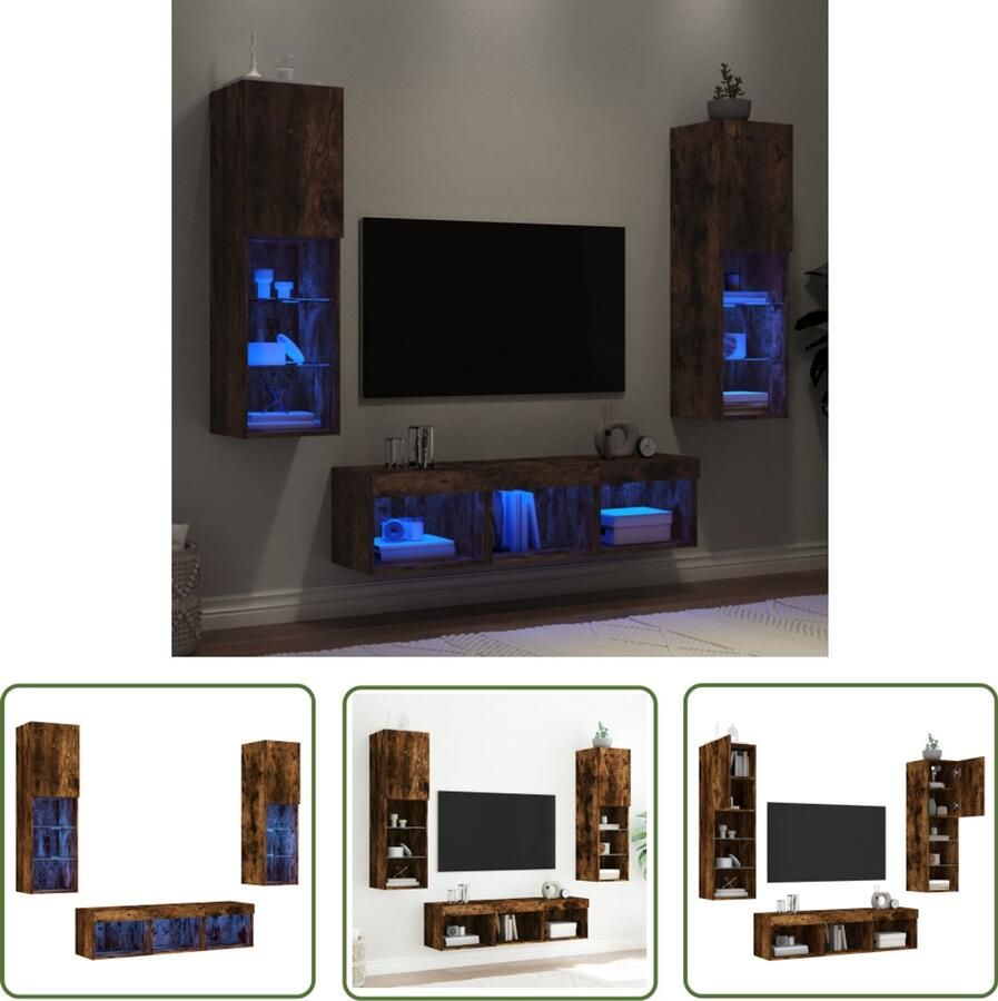 The Living Store 5-delige tv-wandmeubelset met LED bewerkt hout gerookt eiken Tv-wandmeubel Tv-wandmeubels Tv-meubel Televisiemeubel