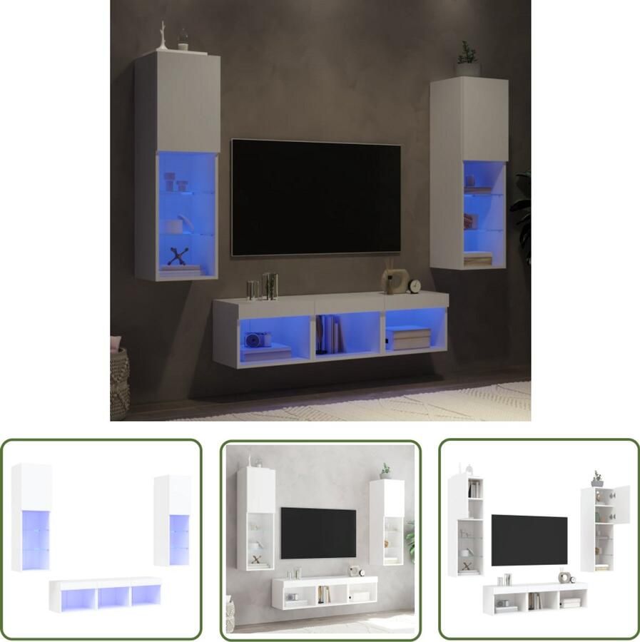 The Living Store 5-delige Tv-wandmeubelset met LED-verlichting bewerkt hout wit Tv-kast Tv-meubel Wandmontage Led Verlichting Opbergruimte