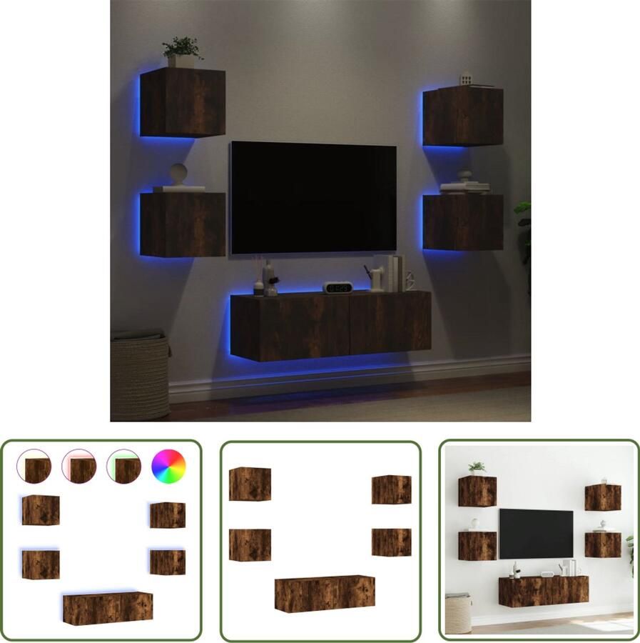 VidaXL Tv-meubel Tv-kast 5-delige tv-wandmeubelset met LED-verlichting gerookt eiken Wandmeubel Bruine Kast Houten Meubel