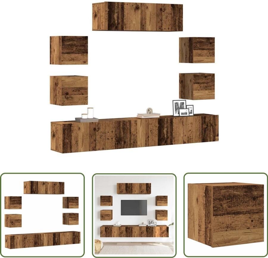 The Living Store 7-delig Tv-meubelset wandmontage bewerkt hout oud houtkleurig Tv Kast Tv Meubel Salontafel Houten Tv Stand Vintage Tv Unit