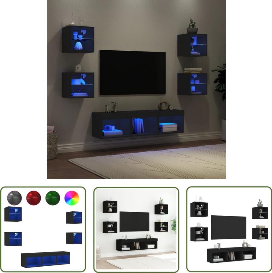 The Living Store 7-delige tv-wandmeubelset met LED bewerkt hout zwart Tv-kast Tv-meubel Wandmontage Led Verlichting Rgb Verlichting