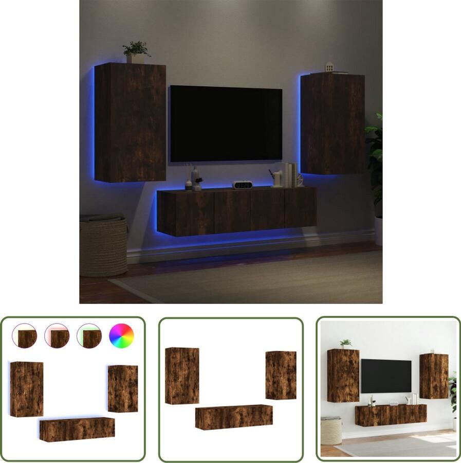 The Living Store 8-delige tv-wandmeubelset met LED bewerkt hout gerookt eiken Tv-wandmeubel Tv-wandmeubels Tv-meubel Televisiemeubel