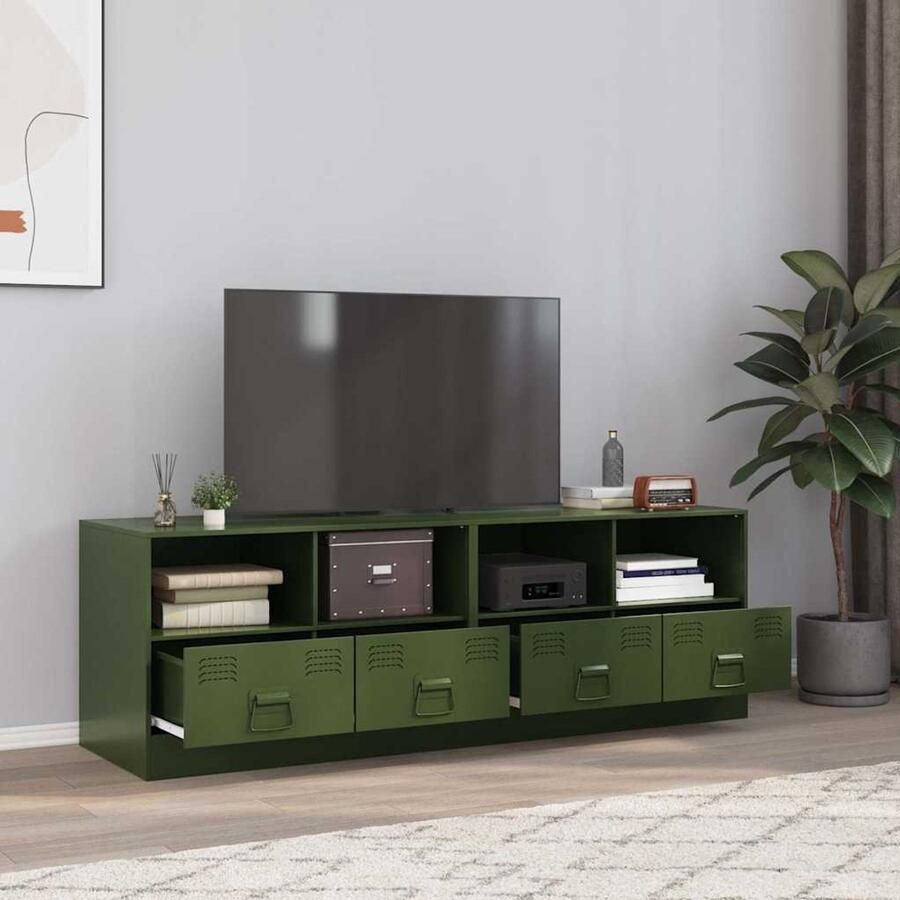 The Living Store Nachtkastjes 2 st 67x39x44 cm staal olijfgroen Tv-kast Tv-meubel Salontafel Industriële Meubels Olijfgroot