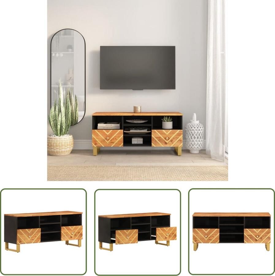 The Living Store TV-meubel Bruin Zwart Massief mangohout 100x33.5x46cm Stevig en praktisch Tv Kast Tv Meubel Salontafel Houten Tv Kast Mangohouten Tv Kast