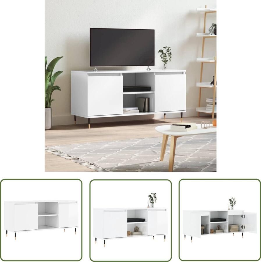 The Living Store Tv-meubel 104x35x50 cm bewerkt hout hoogglans wit Tv Kast Tv Meubel Houten Tv Stand Witte Tv Kast Modern Tv Meubel - Foto 2
