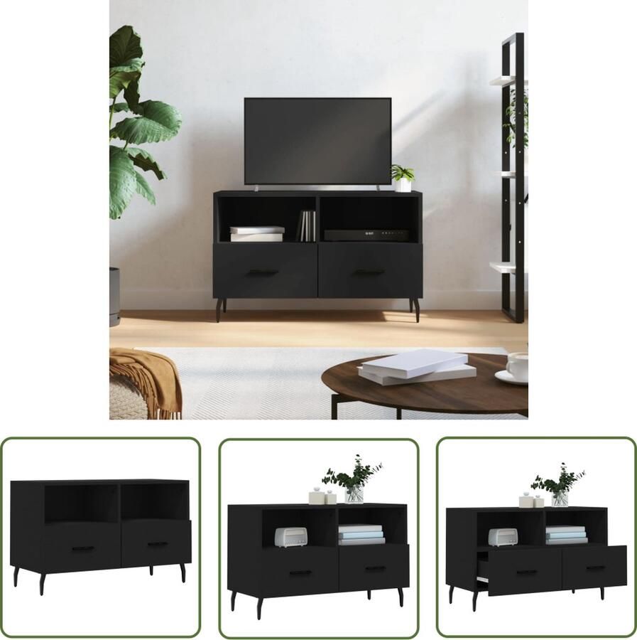 The Living Store TV-meubel zwart 80 x 36 x 50 cm bewerkt hout en ijzer Tv Kast Zwarte Tv Kast Houten Tv Kast Media Kast Salontafel - Foto 2