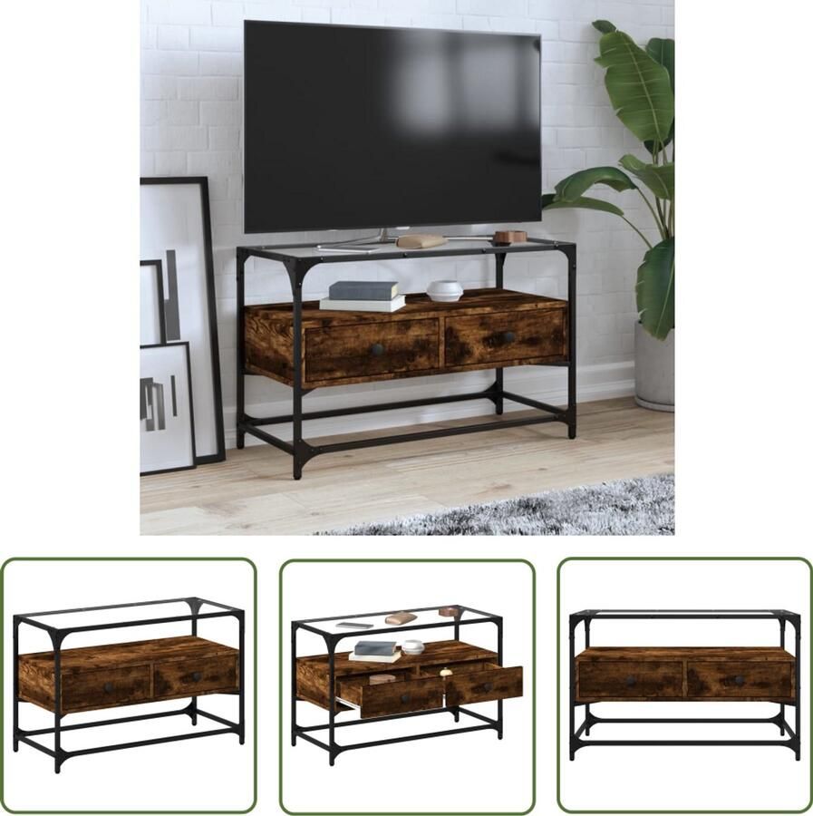 The Living Store Tv-meubel met glazen blad 80x35x51 cm hout gerookt eikenkleurig Tv Kast Tv Meubel Houten Tv Kast Industrieel Tv Meubel Bruine Tv Kast