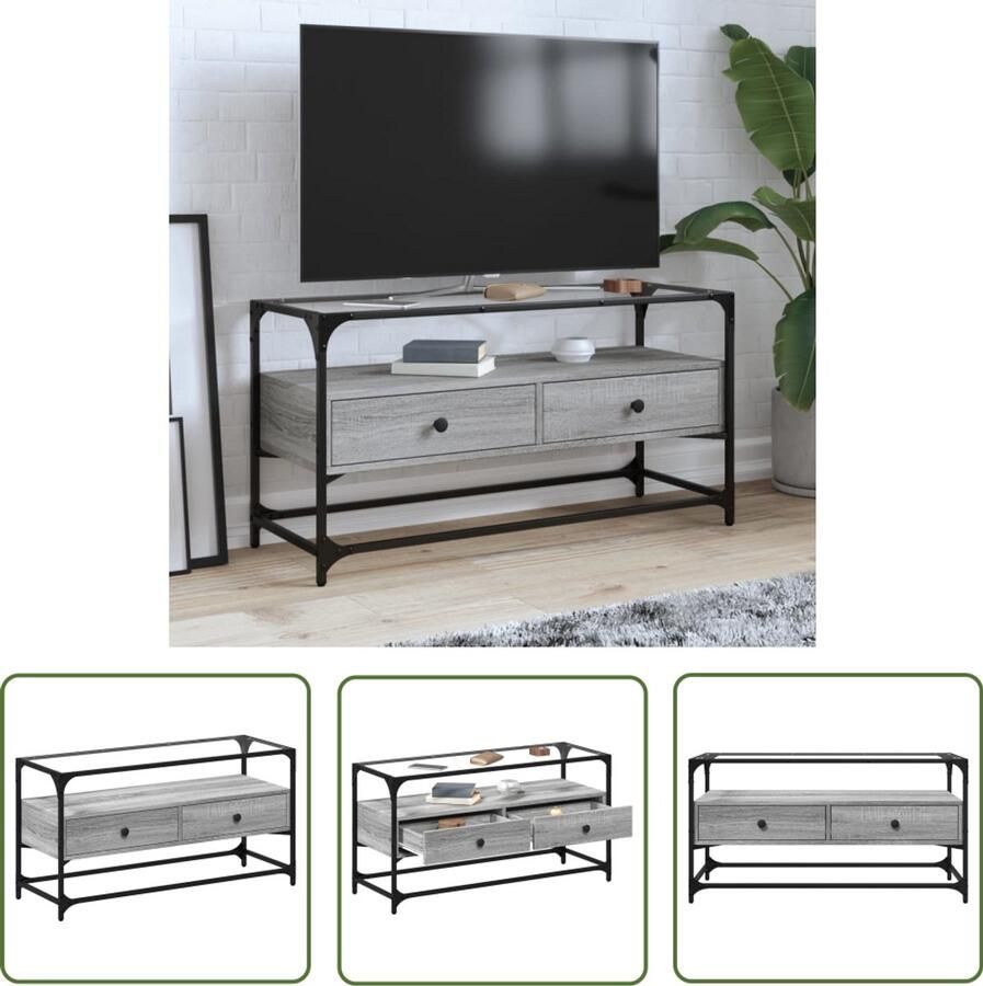 The Living Store Tv-meubel met glazen blad 98x35x51 cm bewerkt hout grijs sonoma Tv Kast Tv Meubel Salontafel Houten Tv Stand Grijze Tv Kast