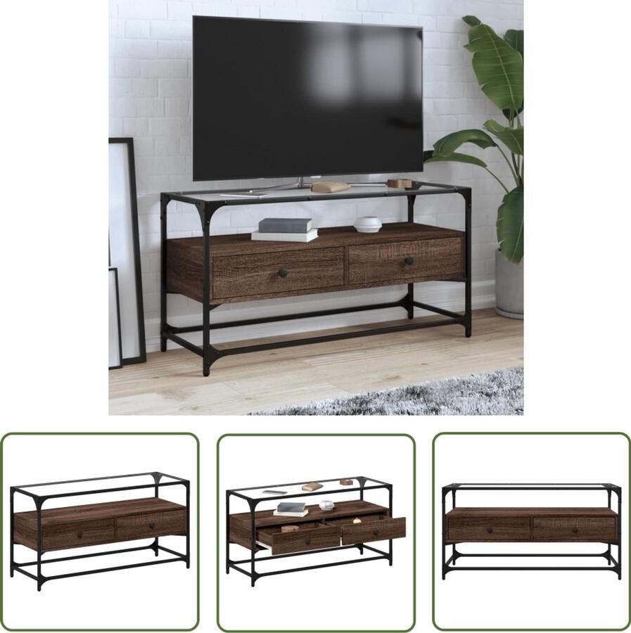 The Living Store Tv-meubel met glazen blad 98x35x51 cm hout bruin eikenkleurig Tv Kast Tv Meubel Salontafel Media Kast Bergruimte