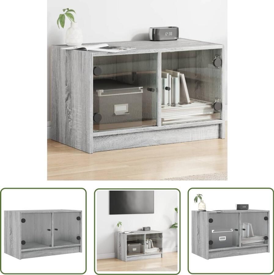 The Living Store Tv-meubel met glazen deuren 68x37x42 cm grijs sonoma eiken Tv Kast Tv Meubel Salontafel Houten Tv Stand Grijze Tv Kast