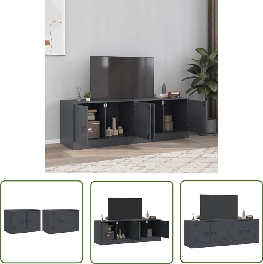 The Living Store Tv-meubelen 2 st 67x39x44 cm staal antracietkleurig Tv-kast Tv-meubel Salontafel Industrieel Design Antraciet Kleur