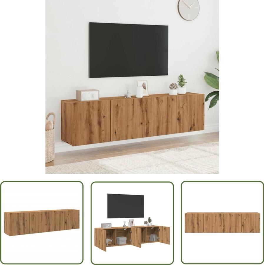 The Living Store Tv-meubels 2 st wandgemonteerd 80x30x41cm artisanaal eikenkleur Tv Kast Tv Meubel Wandmontage Houten Tv Kast Opbergruimte