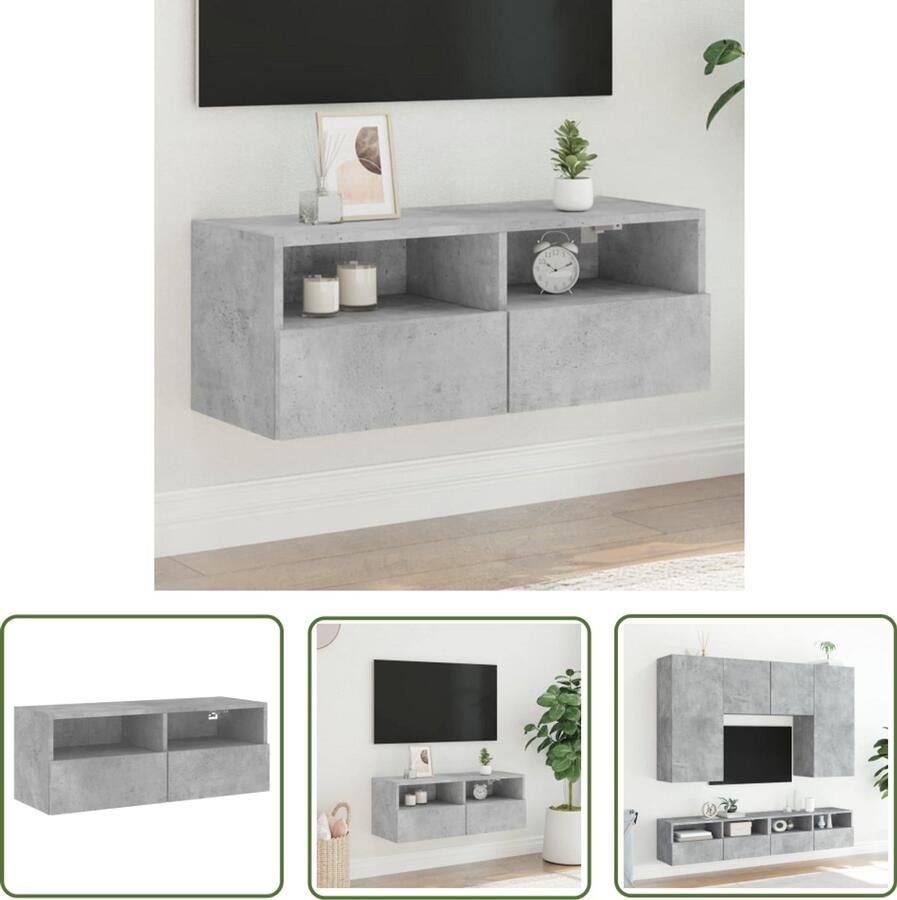 The Living Store Tv-wandmeubel 80x30x30 cm bewerkt hout betongrijs Tv-kast Tv-meubel Wandmontage Beton Grijs Houten Kast