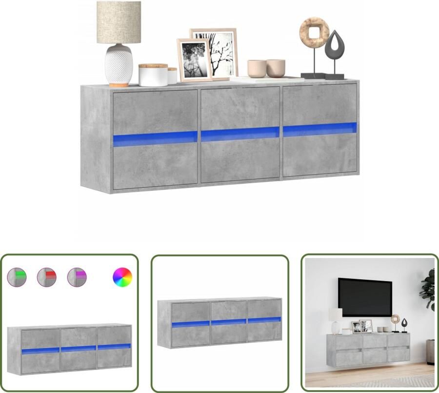 VidaXL Tv-wandmeubel met LED-verlichting 130x31x45 cm betongrijs Tv Kast Tv Meubel Wandmontage Led Verlichting Opbergruimte