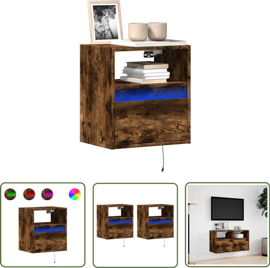 VidaXL Tv Meubel Tv Kast Tv-wandmeubels met LED 2 st 41x31x45 cm gerookt eikenkleurig Wandmontage Led Verlichting Opbergruimte