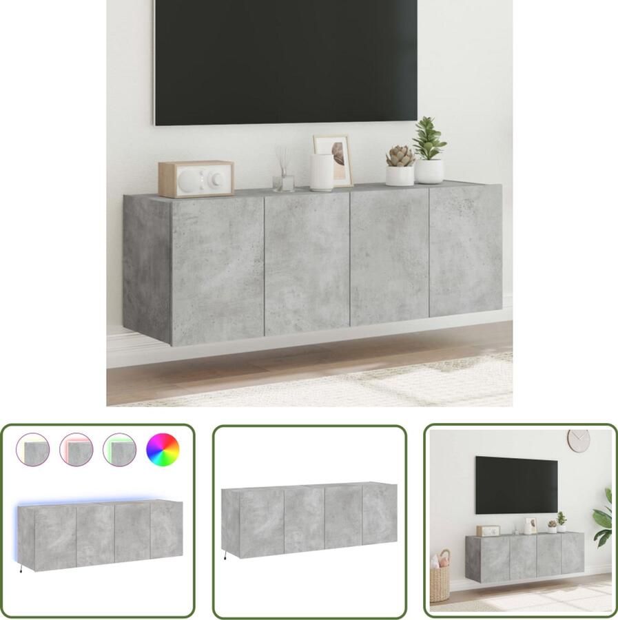 The Living Store Tv-wandmeubels met LED-verlichting 2 st 60x35x41 cm betongrijs Tv-kast Tv-meubel Led-verlichting Rgb-verlichting Houten Kast