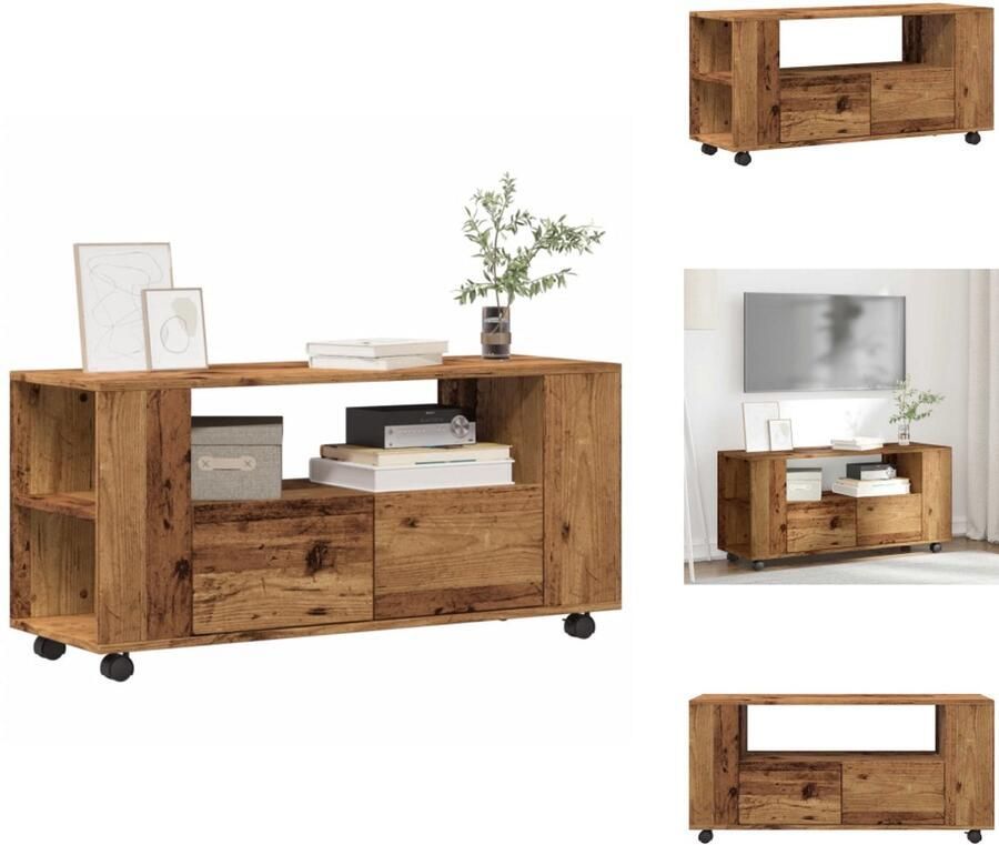 VidaXL Tv-meubel Tv-kasten -Tv-standaard Tv-dressoir Tv-meubel met wielen 102x34 5x43 cm bewerkt hout oud hout