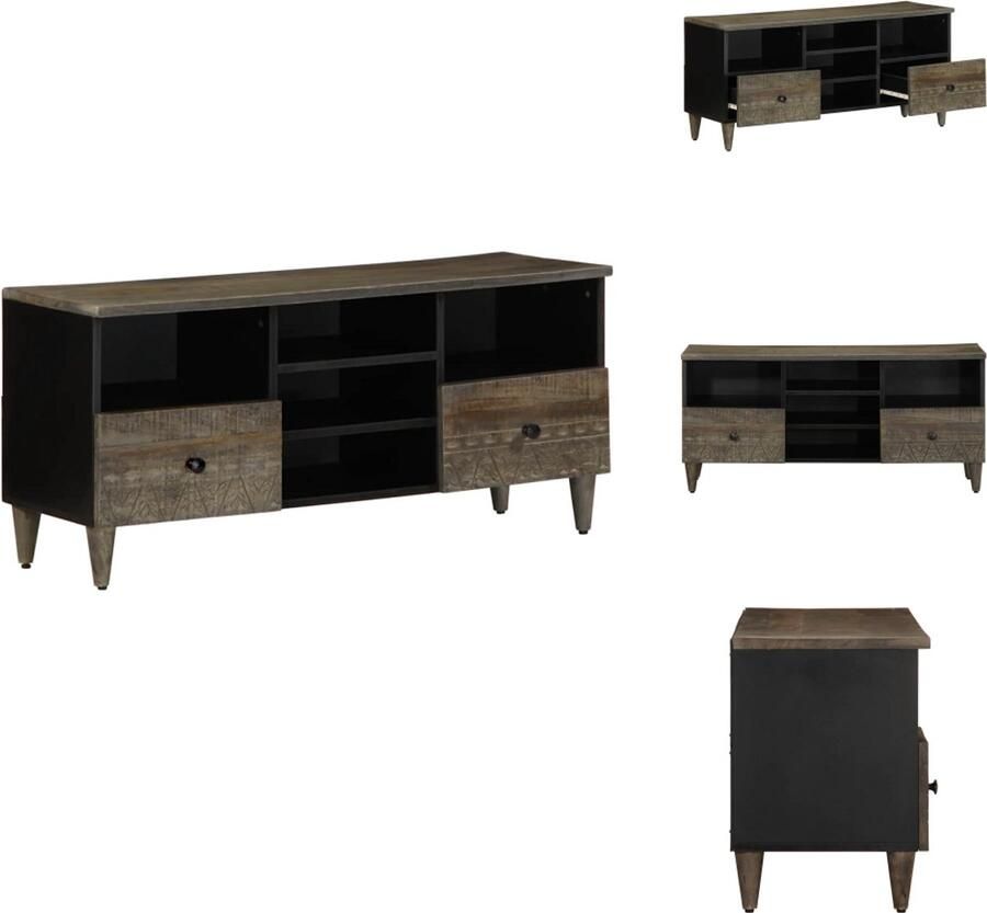 The Living Store Tv-meubel 100x33x46 cm massief mangohout zwart Tv-meubel Salontafel Kast Mangohout Black Furniture - Foto 2