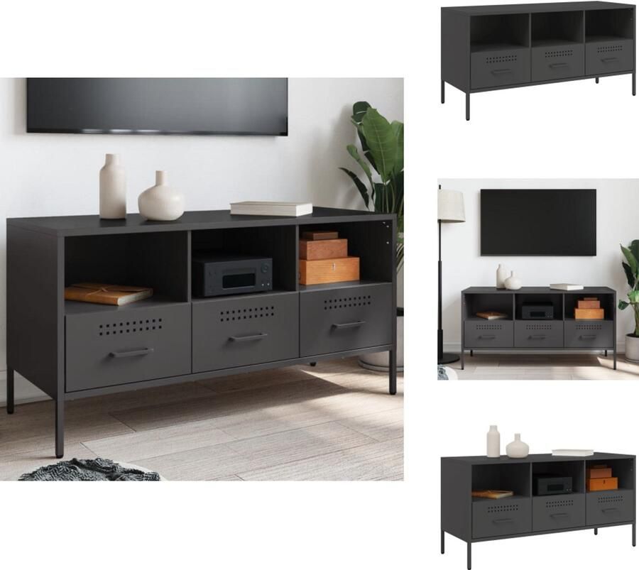 The Living Store Tv-meubel 100 5x39x50 5 cm staal zwart Tv-meubel Industrieel Tv-meubel Tv Stand Koudgewalst Staal Zwart Tv-meubel - Foto 4