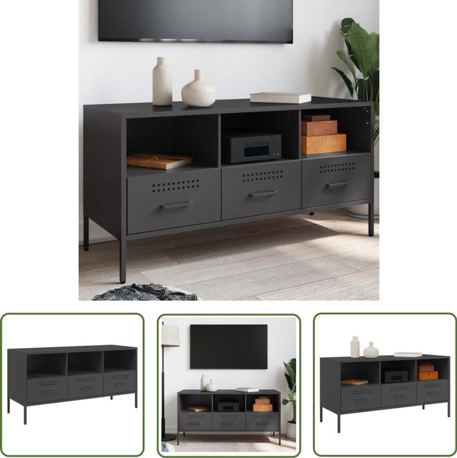 The Living Store Tv-meubel 100 5x39x50 5 cm staal zwart Tv-meubel Industrieel Tv-meubel Tv Stand Koudgewalst Staal Zwart Tv-meubel - Foto 2