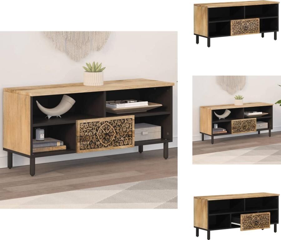 The Living Store Tv-meubel 100x33x46 cm massief mangohout Tv Kast Mediakas Houten Tv Stand Retro Tv Meubel Salontafel - Foto 3