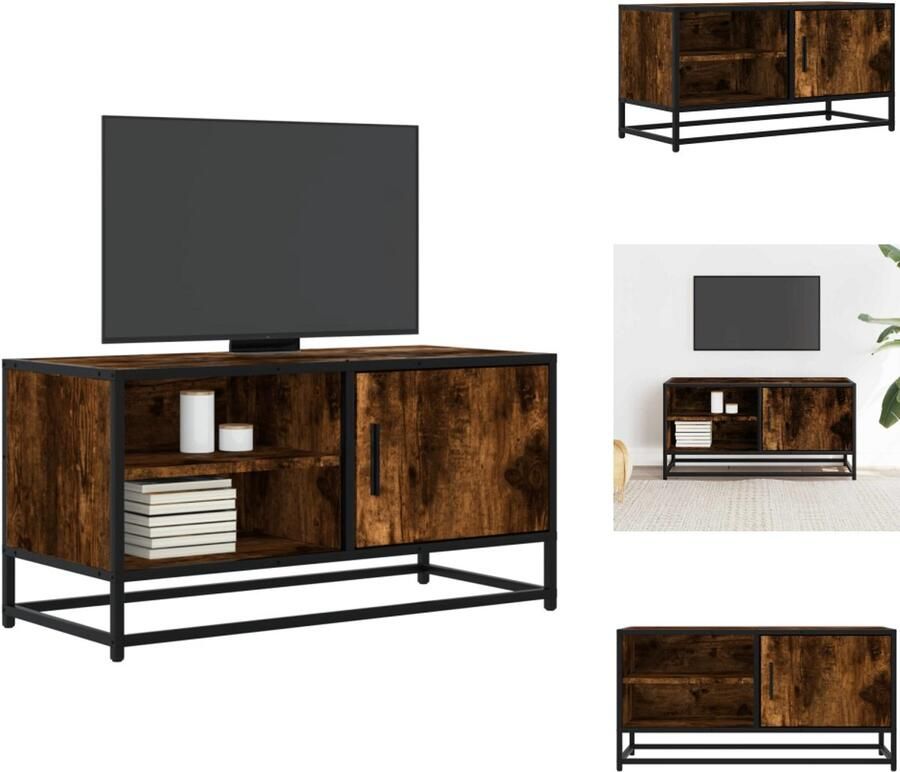 The Living Store Tv-meubel 80x34 5x40cm bewerkt hout metaal gerookt eikenkleurig Tv Meubel Salontafel Houten Tv Stand Industrieel Tv Meubel Opbergruimte - Foto 2