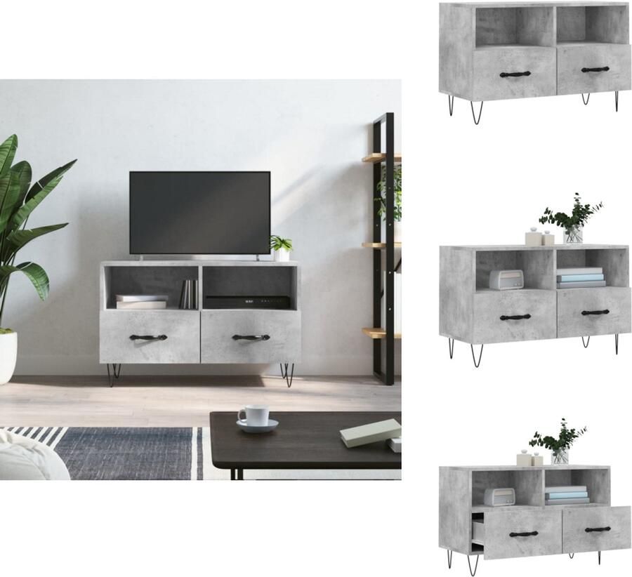 VidaXL TV-meubel Betongrijs 80 x 36 x 50 cm Stevig houten ontwerp 2 vakken en 2 lades Kalme stijl met ijzeren poten Kast - Foto 2