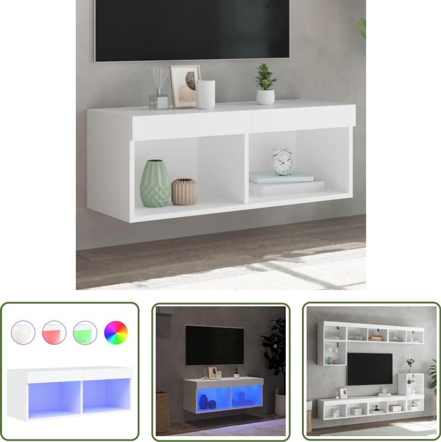 The Living Store Tv-meubel met LED-verlichting 80x30x30 cm wit Tv-meubel Led-verlichting Houten Tv-meubel Wit Tv-meubel Wandmontage - Foto 2
