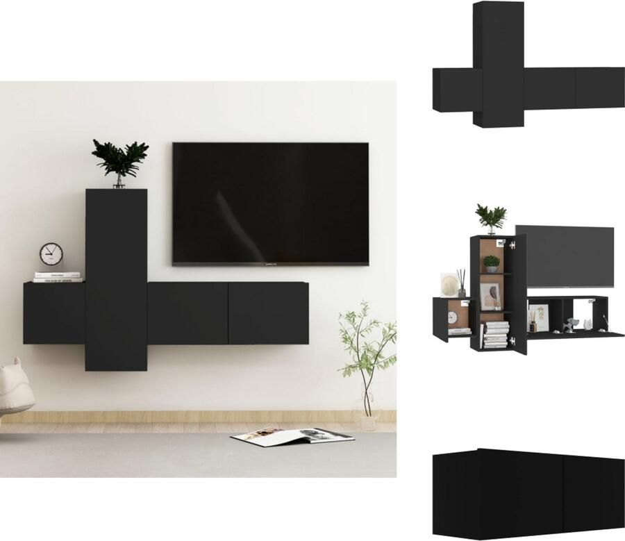 VidaXL Tv-meubel Tv-meubelen Tv-meubels Tv-meubilair 3-delige Tv-meubelset bewerkt hout zwart