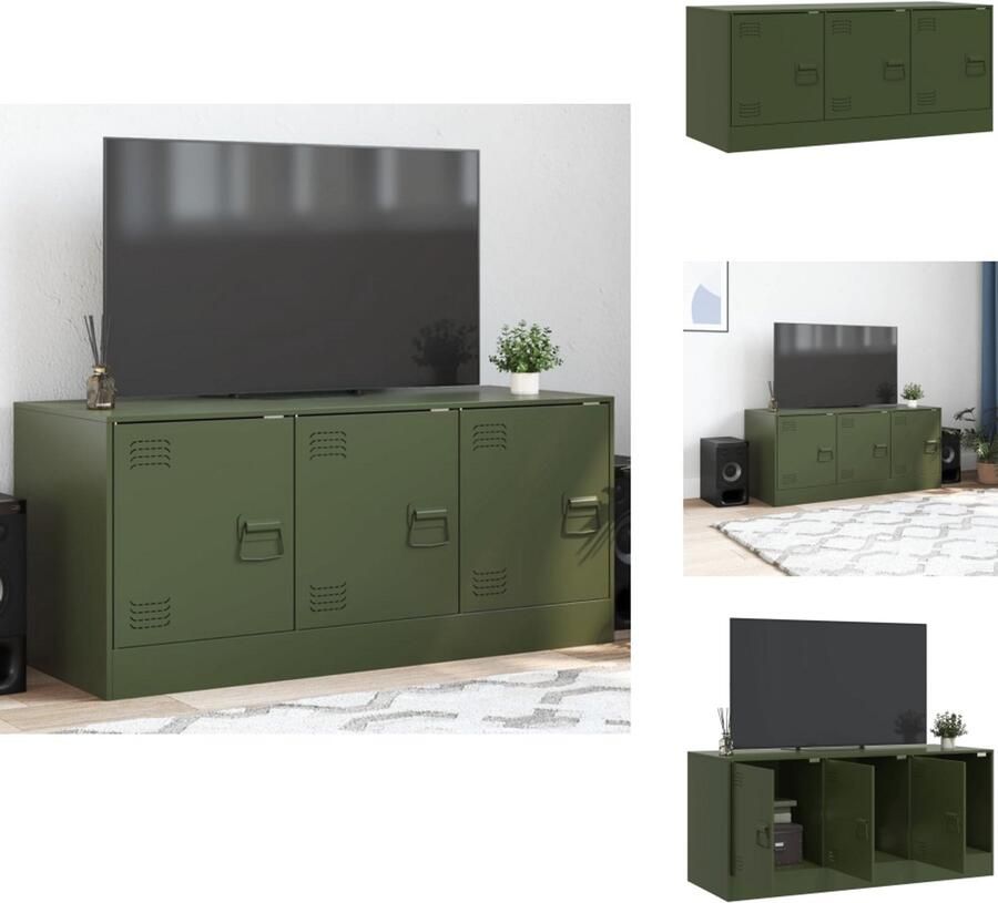 The Living Store Tv-meubel 99x39x44 cm staal olijfgroen Tv Meubel Tv Kast Olijfgroene Tv Stand Industrieel Tv Meubel Koudgewalst Staal - Foto 3