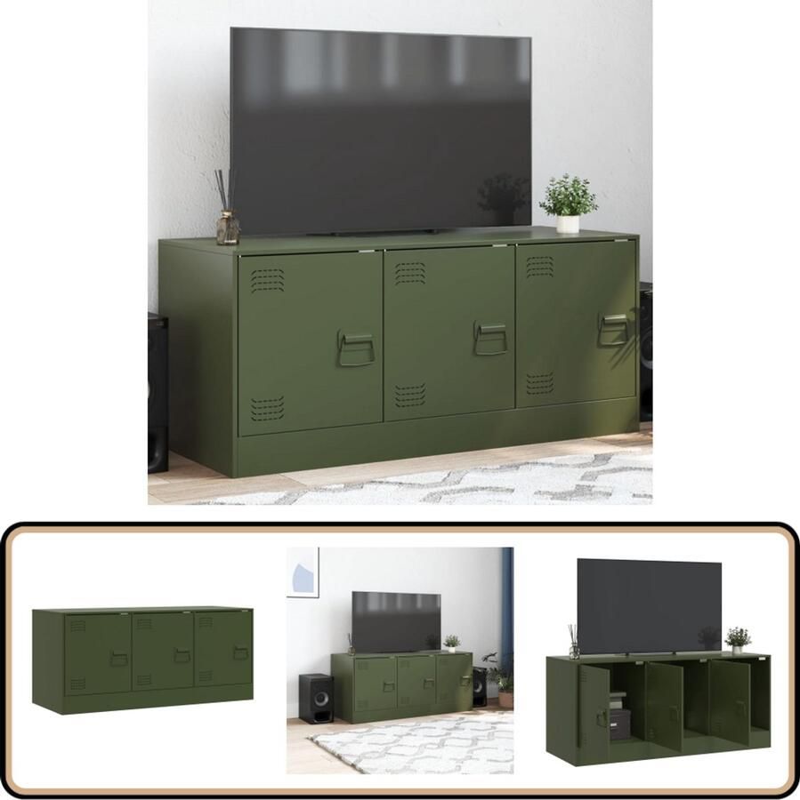 The Living Store Tv-meubel 99x39x44 cm staal olijfgroen Tv Meubel Tv Kast Olijfgroene Tv Stand Industrieel Tv Meubel Koudgewalst Staal - Foto 2