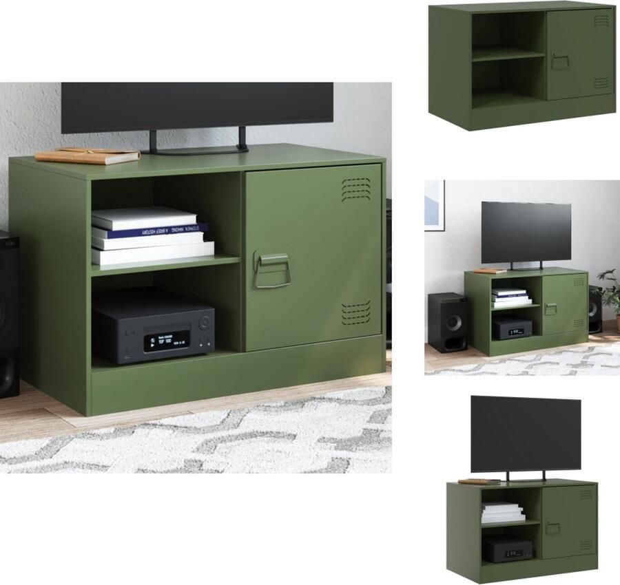 The Living Store Tv-meubel 67x39x44 cm staal olijfgroen Tv-meubel Salontafel Televisiecabinet Stalen Kast Olijfgroot - Foto 2