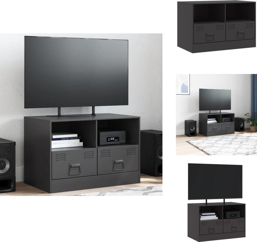 The Living Store Televisiekast Zwart Koudgewalst Staal 67 x 39 x 44 cm Met 2 Schappen Stabiel en onderhoudsvriendelijk design - Foto 2