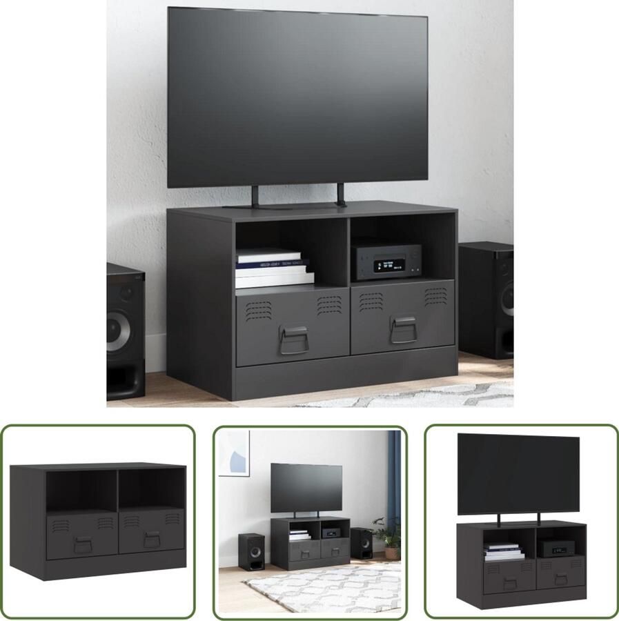 The Living Store Televisiekast Zwart Koudgewalst Staal 67 x 39 x 44 cm Met 2 Schappen Stabiel en onderhoudsvriendelijk design - Foto 2