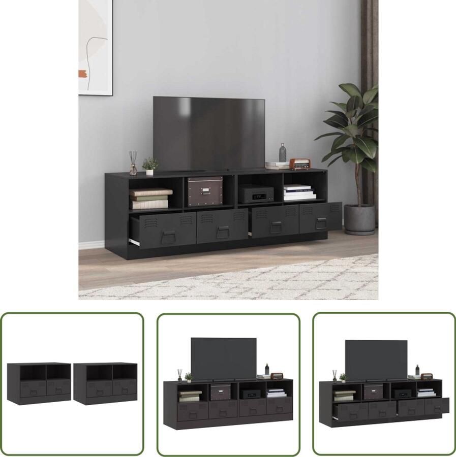 The Living Store Tv-meubelen 2 st 67x39x44 cm staal zwart Tv Meubel Salontafel Koudgewalst Staal Zwart Tv Stand - Foto 2