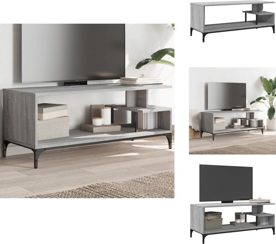 The Living Store Tv-meubel 102x40x41 cm hout en gepoedercoat staal grijs sonoma Tv Meubel Industrieel Design Houten Tv Kast Grijze Tv Kast Salontafel - Foto 2